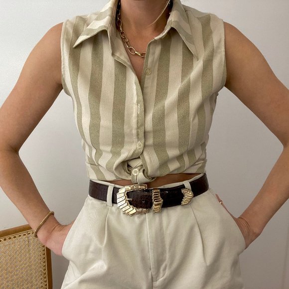 Vintage Tops - Vintage Sage Striped Sleeveless Blouse Button Up